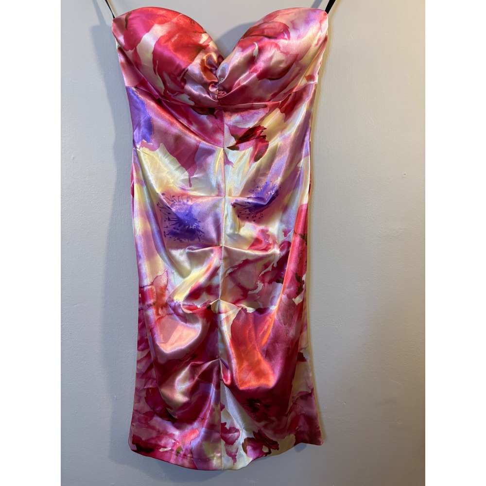 VTG Arden B Pink Floral Satin Strapless Ruched Dress 2 Y2K